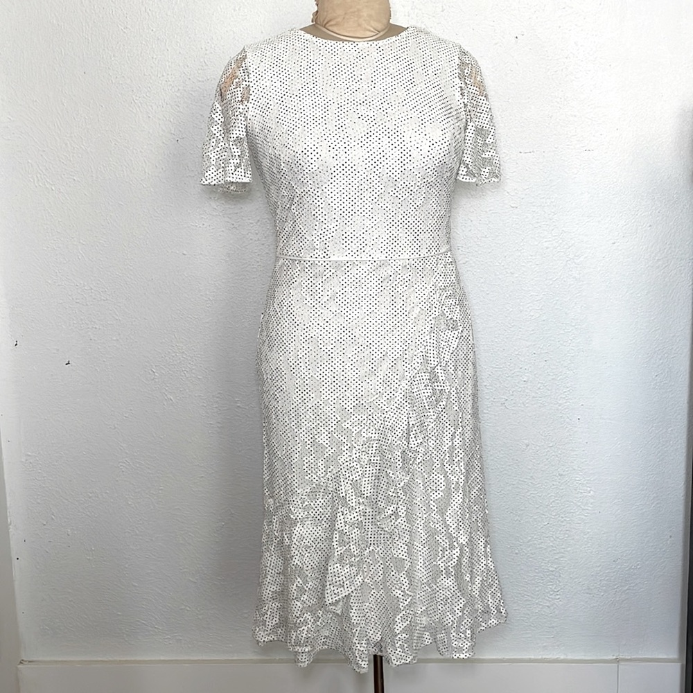 Lauren by Ralph Lauren lace floral dress w/ tiny polka dots and waterfall skirt